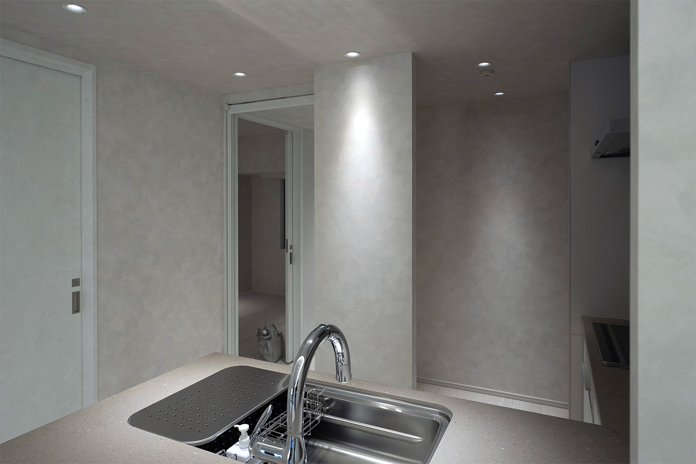 After - キッチンの生活感を最小限に抑える目隠しとなる造作壁