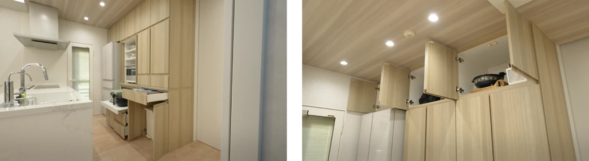 炊飯器や電子レンジなどの調理家電からゴミ箱に至るまで全てを美しく隠せる特注カップボード