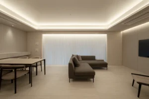 After - 床のタイルや壁のデザインに合わせ、arflex（アルフレックス）の家具で統一感を高めたUrban Luxuryな空間。